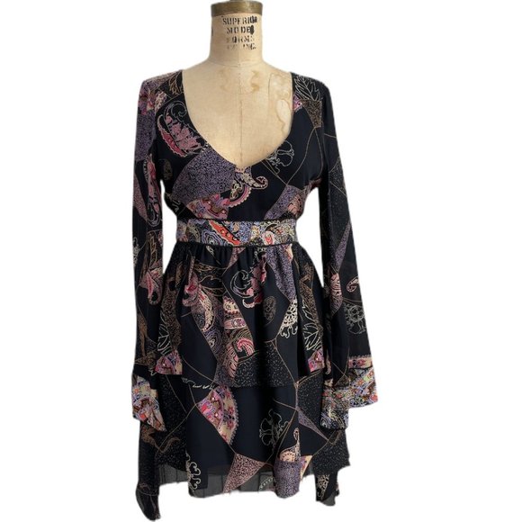 Elizabeth and James Silk Layered Asian Print Flowy Mini Dress sz 4 - Picture 1 of 7